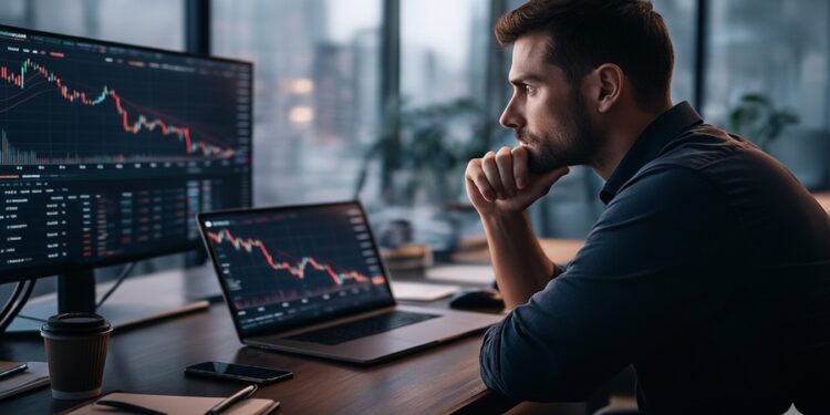 Hombre sentado en una oficina moderna analizando gráficos de precios de criptomonedas en un monitor y un portátil, con velas rojas en caída y ambiente de trading profesional.