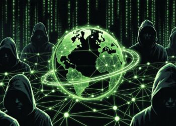 Un planeta rodeado de personas con las caras tapadas por capuchas.