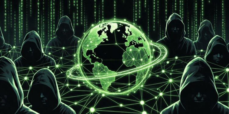 Un planeta rodeado de personas con las caras tapadas por capuchas.