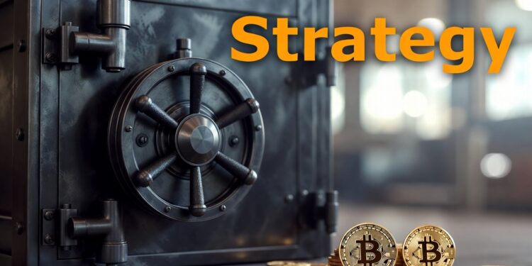 Una bóveda representativa de la empresa Strategy junto a monedas de bitcoin.