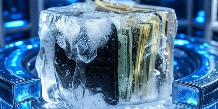 Una billetera con dólares cubierta con hielo.