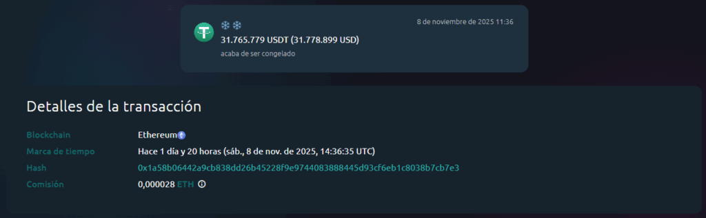 Una interfaz de una web cn información sobre una transacción financiera hecha con criptomonedas.