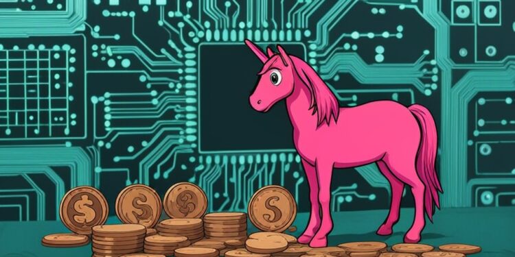 Un unicornio rosado junto a monedas doradas con el símbolo de dinero, junto a un fondo tecnologico.