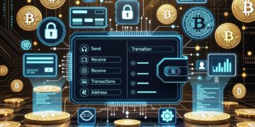 Una billetera digital con datos personales, junto con símbolos de candados y monedas de bitcoin.