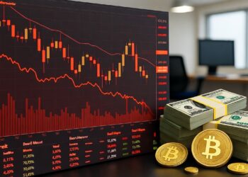 Un primer plano de un gráfico financiero digital con velas rojas y naranjas, que indica una tendencia a la baja en el mercado. En el lado inferior derecho de la pantalla del gráfico, se pueden ver pilas de billetes de cien dólares apilados y varias monedas de bitcoin.