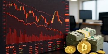 Un primer plano de un gráfico financiero digital con velas rojas y naranjas, que indica una tendencia a la baja en el mercado. En el lado inferior derecho de la pantalla del gráfico, se pueden ver pilas de billetes de cien dólares apilados y varias monedas de bitcoin.