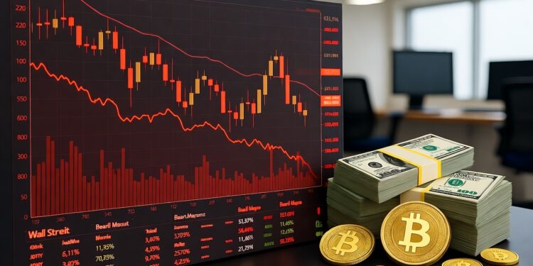 Un primer plano de un gráfico financiero digital con velas rojas y naranjas, que indica una tendencia a la baja en el mercado. En el lado inferior derecho de la pantalla del gráfico, se pueden ver pilas de billetes de cien dólares apilados y varias monedas de bitcoin.