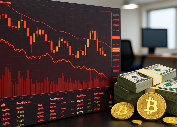 Un primer plano de un gráfico financiero digital con velas rojas y naranjas, que indica una tendencia a la baja en el mercado. En el lado inferior derecho de la pantalla del gráfico, se pueden ver pilas de billetes de cien dólares apilados y varias monedas de bitcoin.