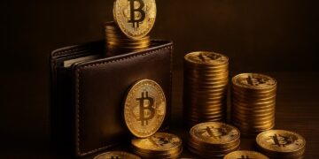Monedas físicas de bitcoin doradas con una billetera de cuero marrón sobre un escritorio.