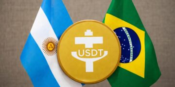 Banderas de Argentina y Brasil a los costados de un logo de USDT.