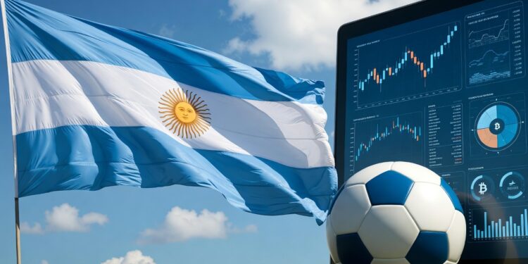 Bandera de Argentina junto a un balón de fútbol y un monitor con distintos tipos de indicadores.