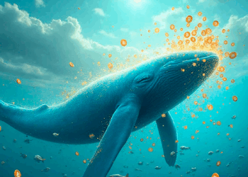 ballena azul en el cielo con algunas monedas de bitcoin doradas sobre su boca.