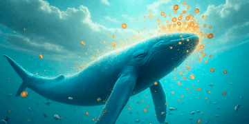 ballena azul en el cielo con algunas monedas de bitcoin doradas sobre su boca.