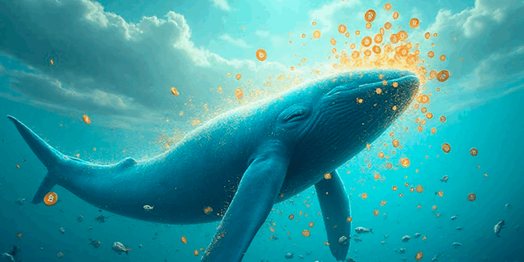 ballena azul en el cielo con algunas monedas de bitcoin doradas sobre su boca.