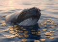 Una ballena dentro el mar rodeada de monedas de bitcoin.