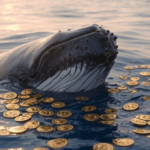 Una ballena dentro el mar rodeada de monedas de bitcoin.
