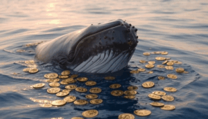 Una ballena dentro el mar rodeada de monedas de bitcoin.