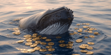 Una ballena dentro el mar rodeada de monedas de bitcoin.
