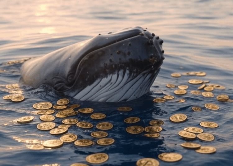 Una ballena dentro el mar rodeada de monedas de bitcoin.
