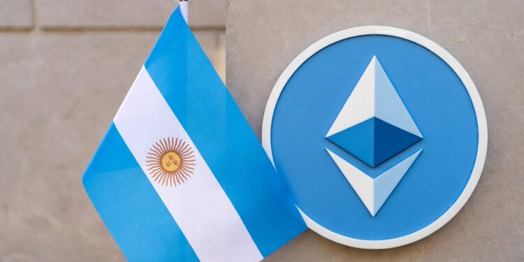 Bandera de Argentina junto al logo de Ethereum.