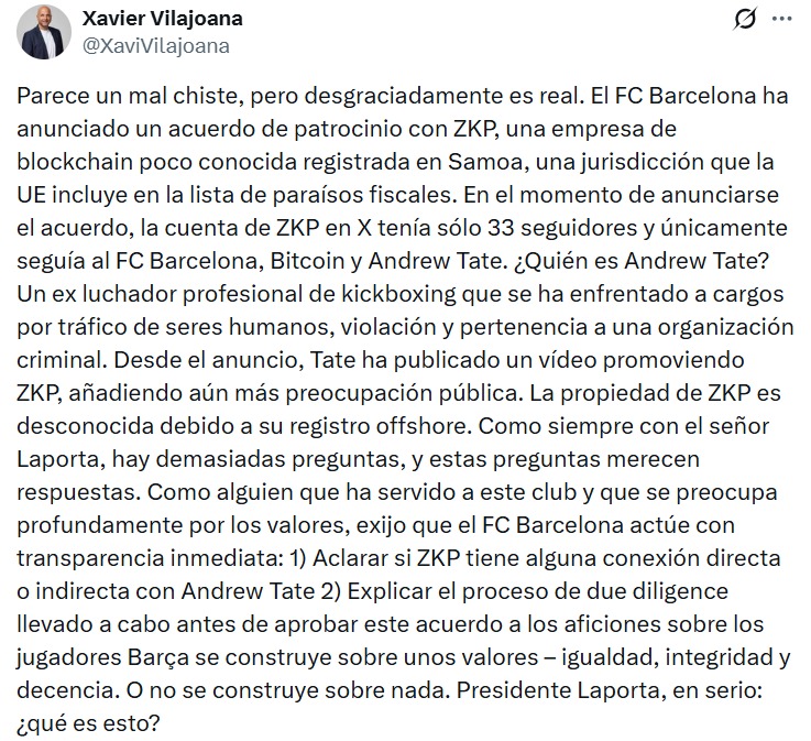 Ex directivo del Barcelona critica acuerdo de patrocinio del club.