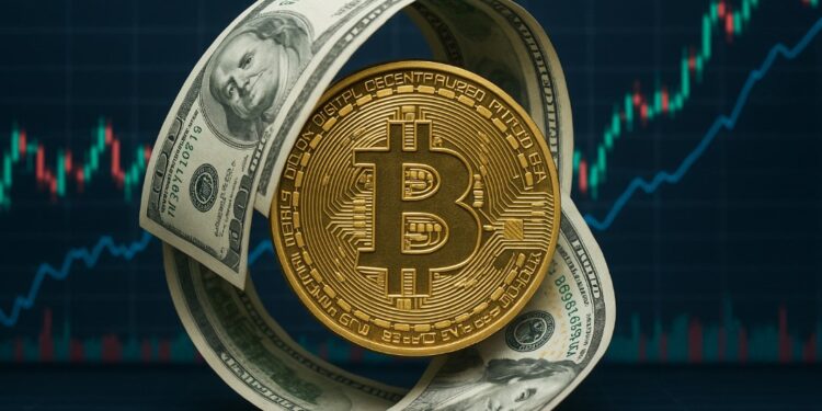Moneda física de bitcoin atrapada en un bucle de dinero con gráficas de mercado en el fondo.