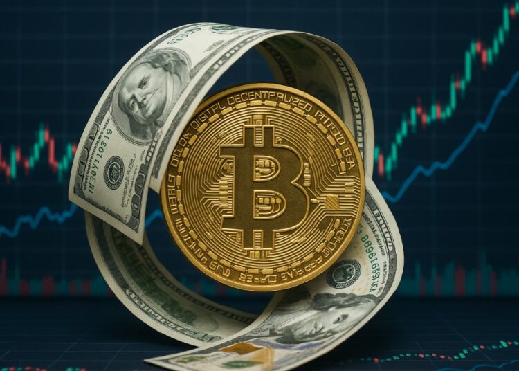 Moneda física de bitcoin atrapada en un bucle de dinero con gráficas de mercado en el fondo.