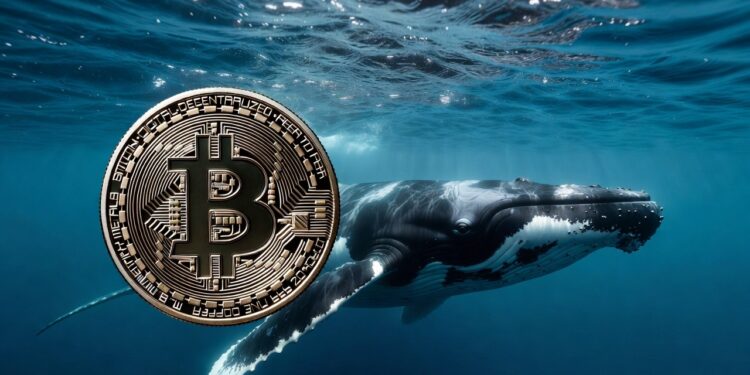 Una moneda física de bitcoin dorada en el océano y a su lado una ballena jorobada.