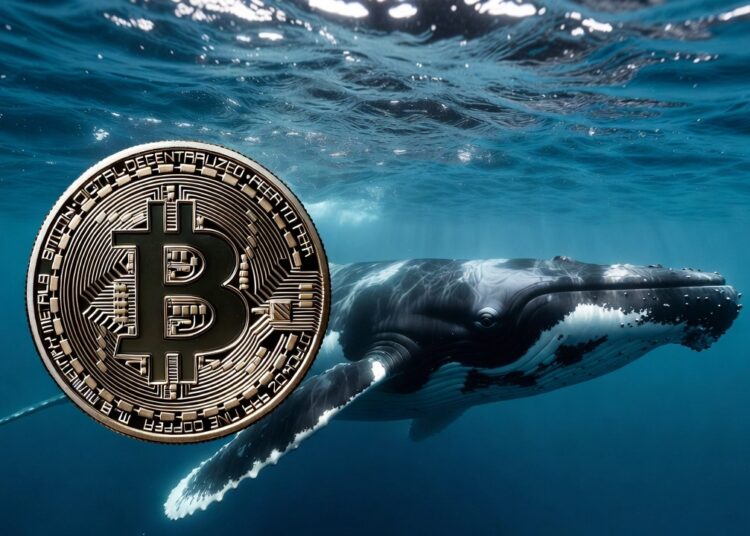 Una moneda física de bitcoin dorada en el océano y a su lado una ballena jorobada.