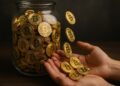 Monedas físicas de bitcoin almacenadas en un gran jarrón de vidrio, con algunos de ellos vertiéndose sobre un par de manos abiertas.
