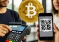 Foto de un pago con tarjeta y un pago con QR, con logo de bitcoin detrás.
