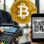 Foto de una persona haciendo un pago con tarjeta y un pago con QR, con logo de bitcoin detrás.
