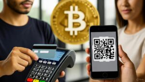 Foto de una persona haciendo un pago con tarjeta y un pago con QR, con logo de bitcoin detrรกs.