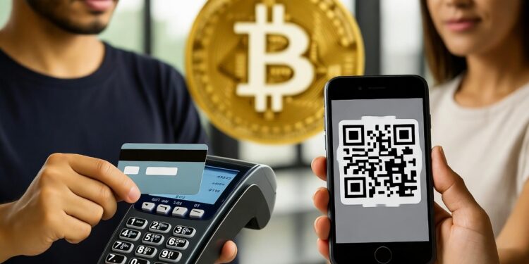 Foto de un pago con tarjeta y un pago con QR, con logo de bitcoin detrás.