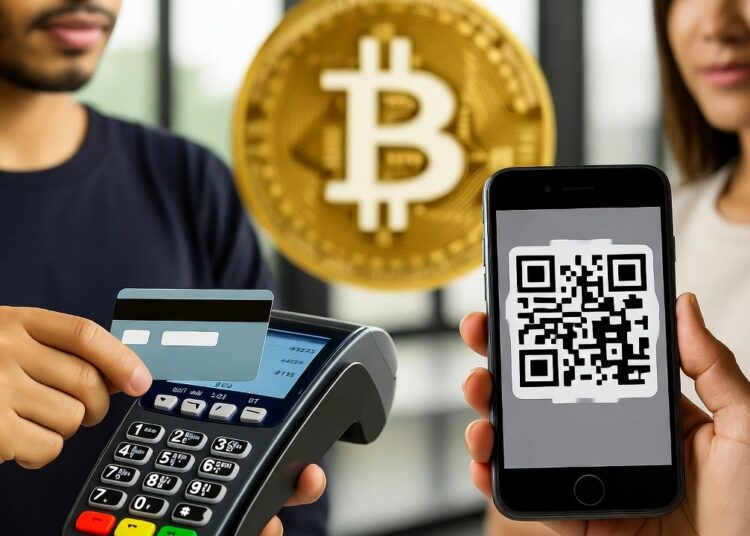 Foto de un pago con tarjeta y un pago con QR, con logo de bitcoin detrás.