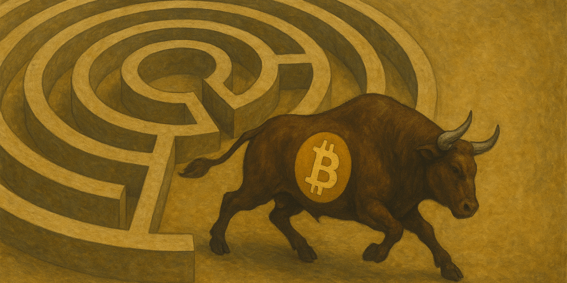 Toro con logo de bitcoin saliendo de un laberinto.
