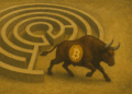 Toro con logo de bitcoin saliendo de un laberinto.
