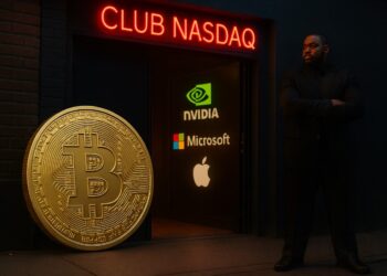 Moneda física de bitcoin dorada afuera del club Nasdaq que está custodiado por un guardia de seguridad y en la puerta están los logos de Nvidia, Microsoft y Apple.