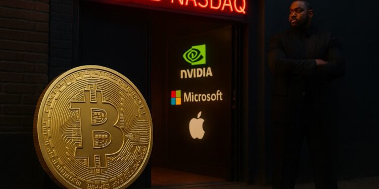 Moneda física de bitcoin dorada afuera del club Nasdaq que está custodiado por un guardia de seguridad y en la puerta están los logos de Nvidia, Microsoft y Apple.