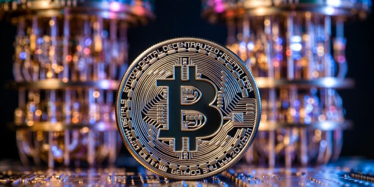 Una moneda física de bitcoin dorada, colocada sobre una superficie reflectante con circuitos electrónicos. Al fondo, dos torres de chips o procesadores.