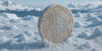 Moneda de bitcoin física congelada en un ambiente ártico.