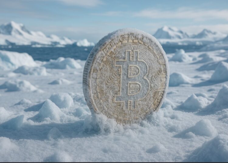 Moneda de bitcoin física congelada en un ambiente ártico.