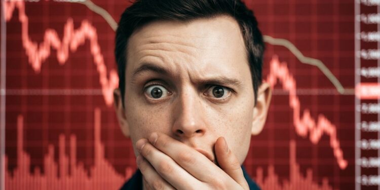 Una persona en primer plano con cara de asombro se coloca una mano en la boca, mientras en el fondo se observa un gráfico rojo en señal de caída del mercado.