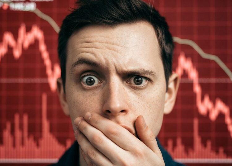 Una persona en primer plano con cara de asombro se coloca una mano en la boca, mientras en el fondo se observa un gráfico rojo en señal de caída del mercado.