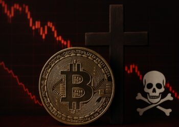Moneda física de bitcoin dorada con una cruz al lado, un símbolo de muerte y gráficas rojas.
