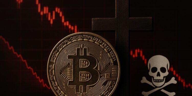 Moneda física de bitcoin dorada con una cruz al lado, un símbolo de muerte y gráficas rojas.