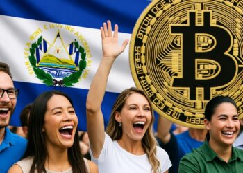 Personas celebran Bitcoin en El Salvador.