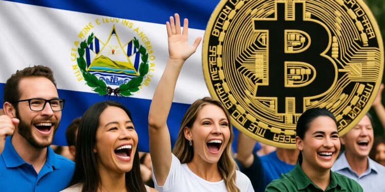 Personas celebran Bitcoin en El Salvador.