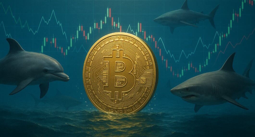 Moneda física de bitcoin dorada en el océano, rodeada de delfines y tiburones, con gráficos mixtos de mercado.