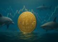 Moneda física de bitcoin dorada en el océano, rodeada de delfines y tiburones, con gráficos mixtos de mercado.